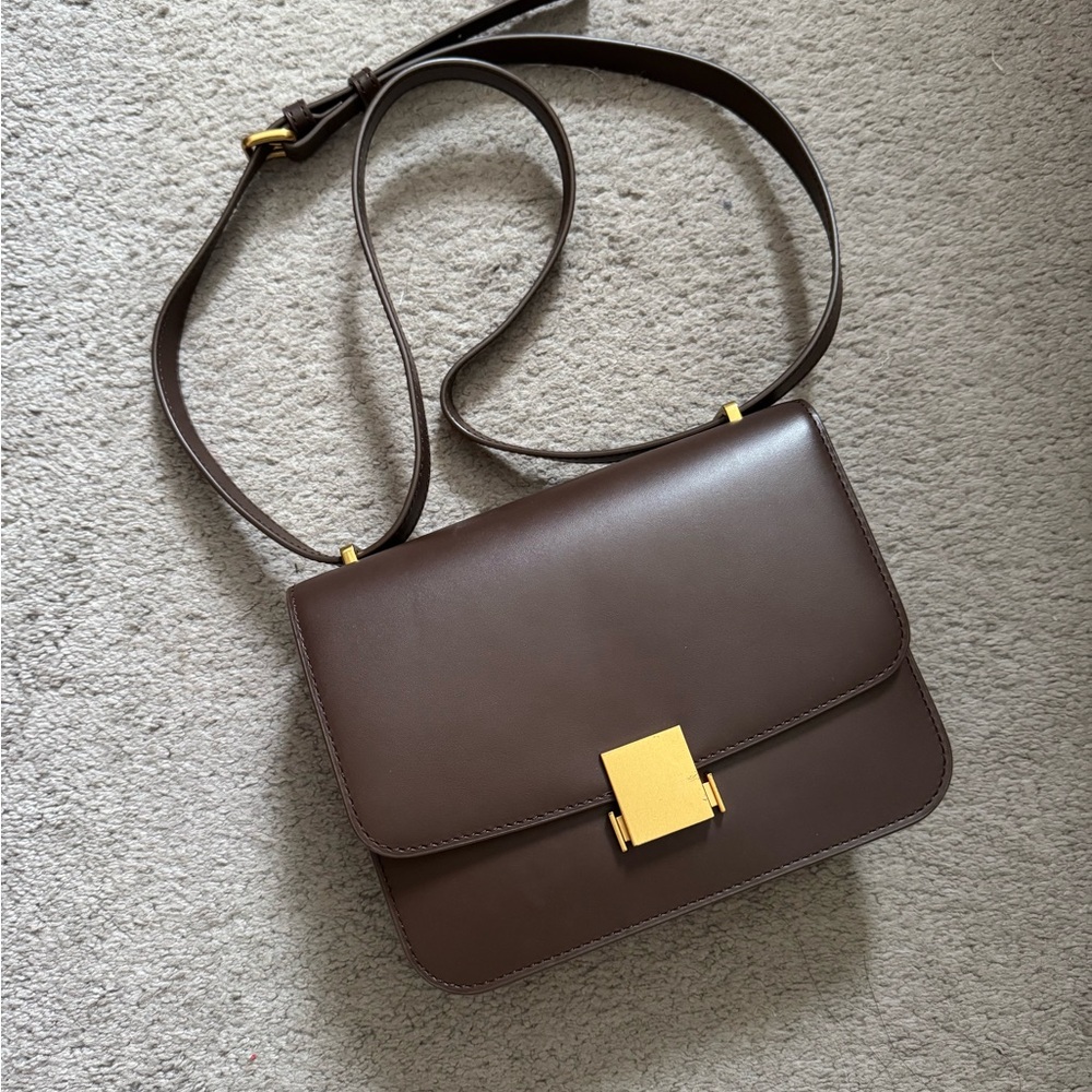 Quince Brown Leather Box Crossbody with Gold Hardware